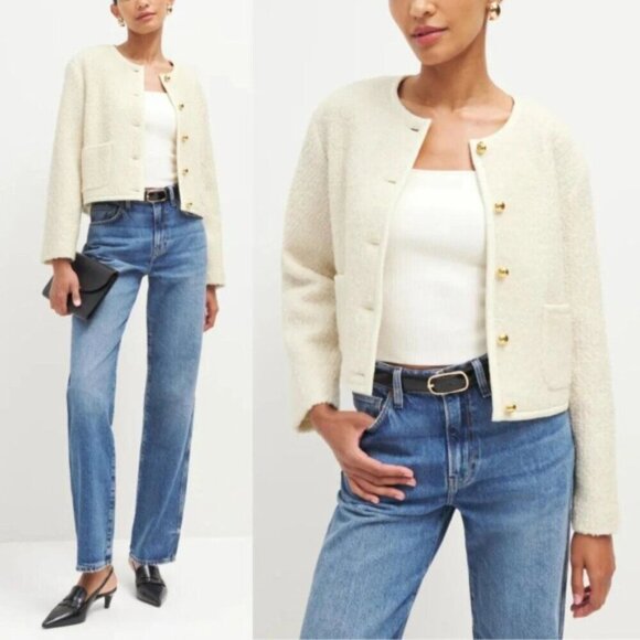 Reformation 'Dale' Wool-Blend Fleece Cropped Jacket, Cream - Picture 1 of 3